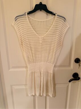 Cream Coverup Open-Knit V-Neck